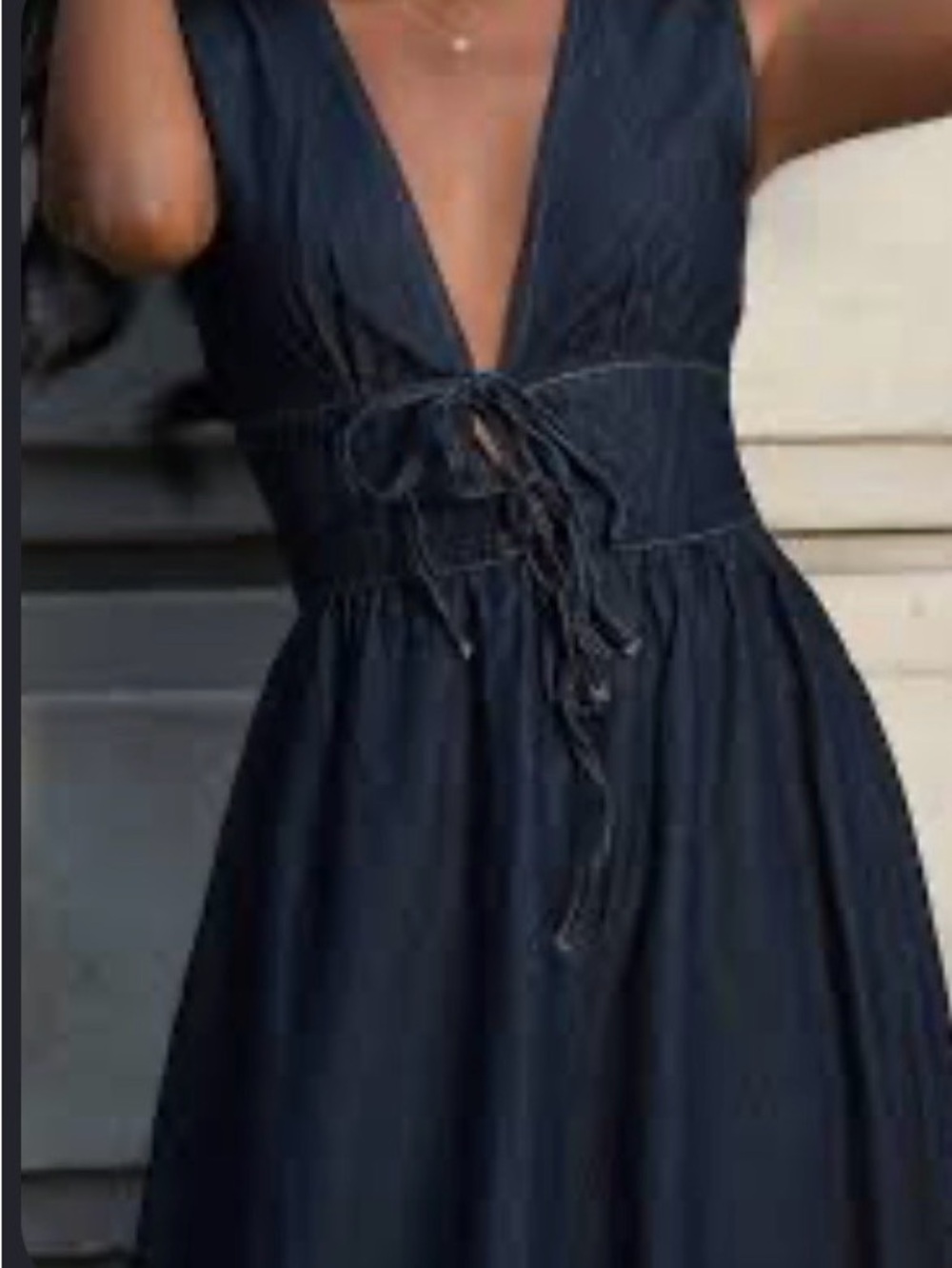 Deep V-Neck Navy Women’s Denim Dress with Lace-Up Waist